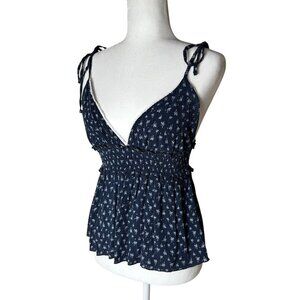 SYSTEMACTION Navy Blue Print Lace Trim Peplum Top Size Medium